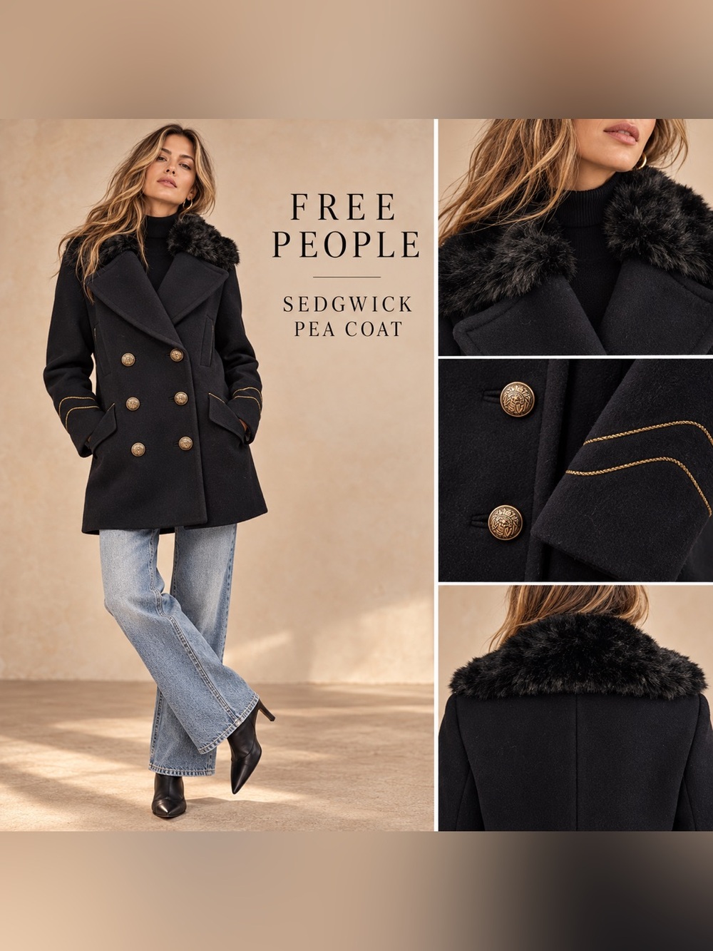 Free People Sedgwick Pea Coat Black Faux-Fur Collar EUC Small